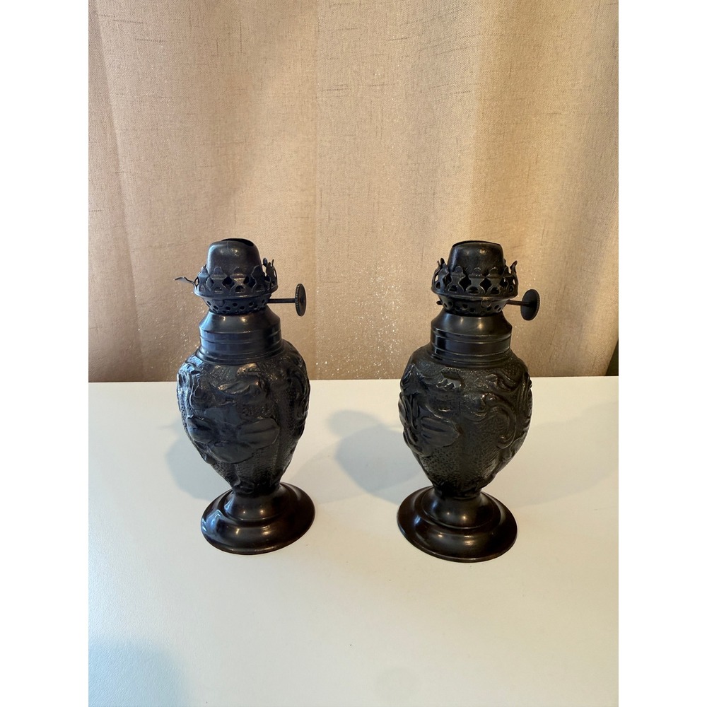 Restoration Hardware Embossed Bronze Oil Lamps Set of 2 Antique Style Decor